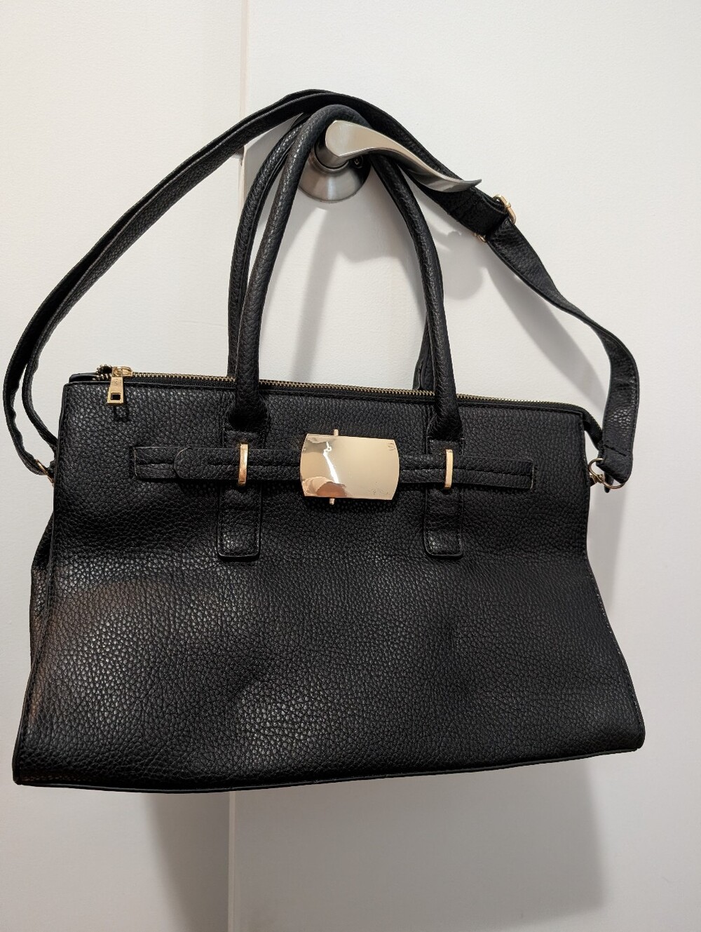 Classic Black Pebbled Leather Satchel with Gold Accent